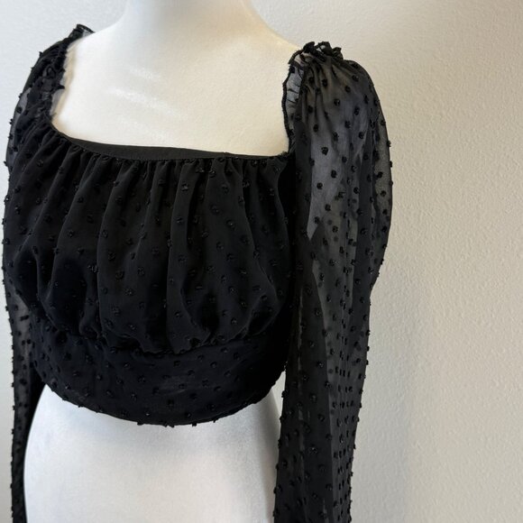 Sheer Mesh Black Polka Dot Sleeved Smocked Back Crop Top Babydoll Gothcore - Picture 3 of 12